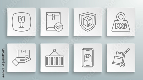 Set line Delivery hand with box, Envelope check mark, Container on crane, Mobile app delivery tracking, Hand truck boxes, security shield, Weight and Fragile broken glass icon. Vector