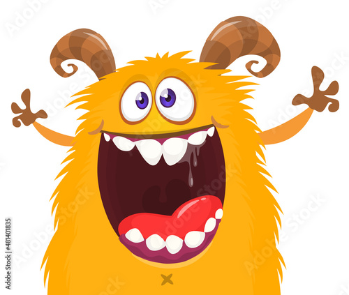 Funny cartoon smiling monster character pop up and waving hands. Illustration of happy alien. Halloween party design. Vector isolated