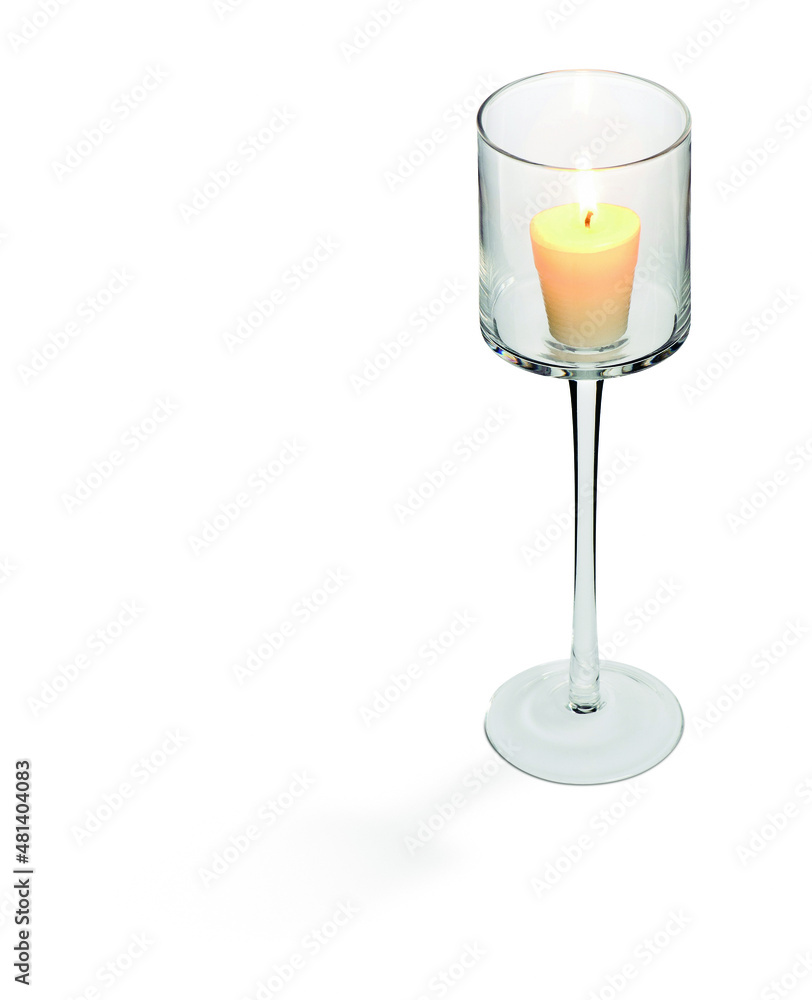 Modern glass candle holder with lit candle, isolated Modern glass candle holder with lit candle, isolated