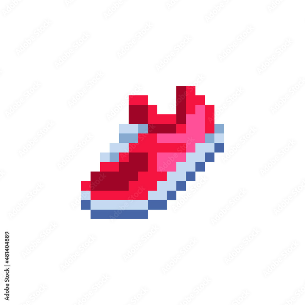 Obraz premium Red sneakers pixel art icon. Design for sticker, logo, web and mobile app. Isolated vector illustration.