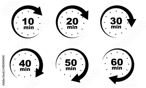 Stopwatch timer icon set. Countdown timer collection. Stopwatch with minute and arrow. Arrow in circle. Stock vector illustration