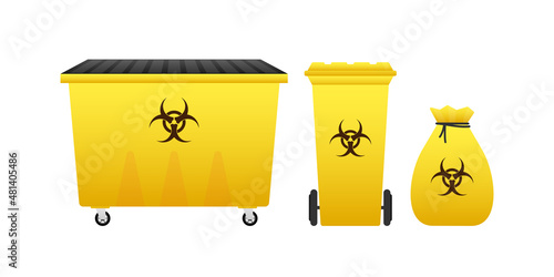 Barrels, wastebasket of biohazard waste, Radioactive waste on white background. Vector stock illustration.