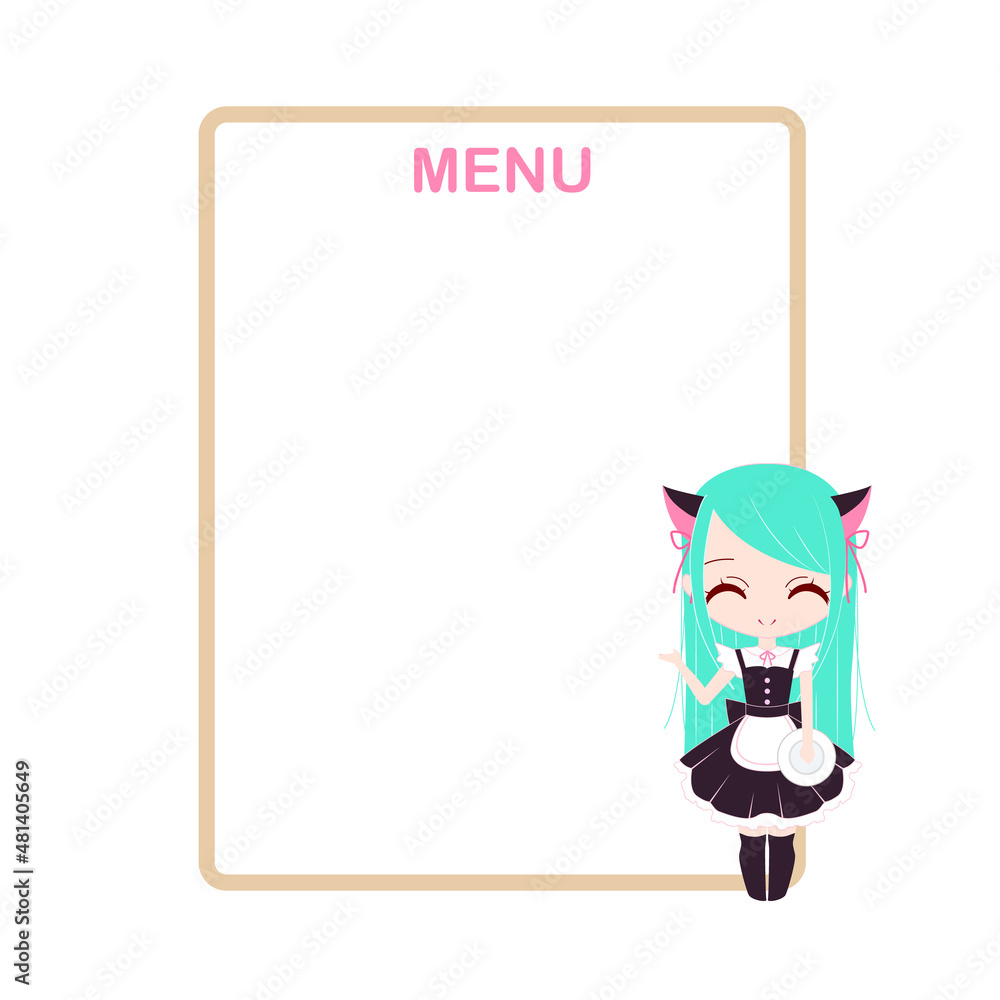 Design template for maid cafe menu with cute chibi anime maid