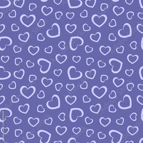 Color of year 2022 very peri seamless hearts pattern, vector illustration. Geometric seamless ornament with violet hearts on purple background