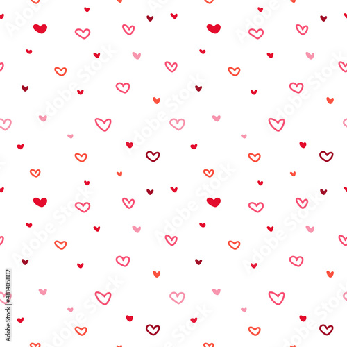 Seamless pattern with different hand-drawn red and pink romantic hearts