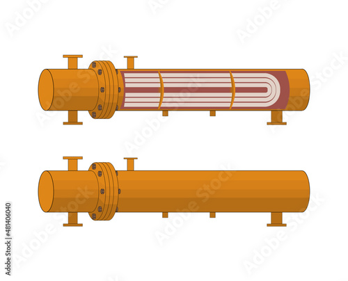 Shell and tube heat exchanger with inside structure isolated on white. Vector illustration.