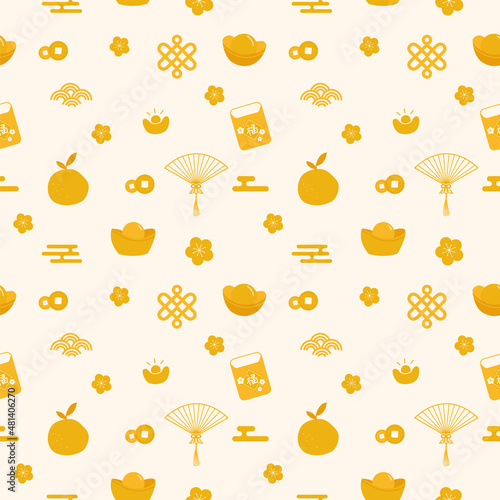Seamless pattern with golden flat Chinese New Year elements