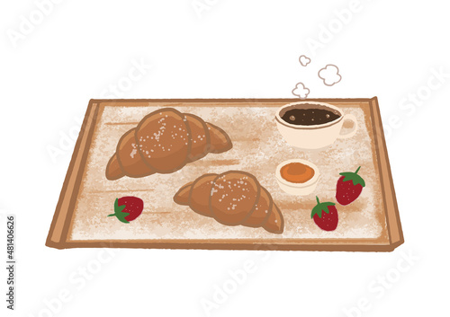 Illustration of two croissants with a cup of coffee and strawberries