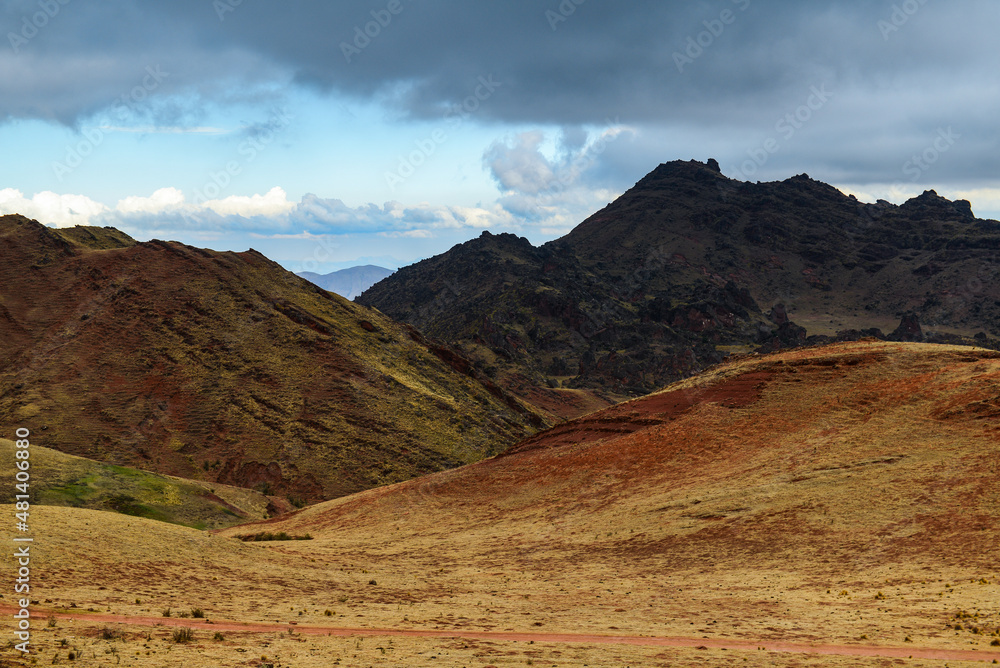 The rugged Andean landscape of the Valle Encantado, or Enchanted Valley, Cuesta del Obispo, Salta Province, northwest Argentina