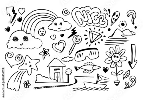 Fototapeta Naklejka Na Ścianę i Meble -  hand-drawn kids doodle set on white background.