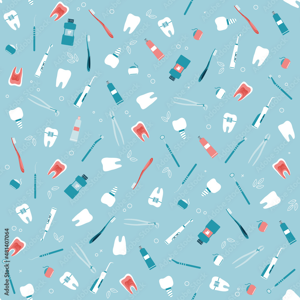 Seamless pattern of dental items and tools. Dental cleaning and treatment icons in continuous print. Vector illustration Seamless pattern of dental items and tools. Dental cleaning and treatment icons in continuous print. Vector illustration