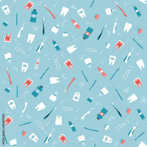 Seamless pattern of dental items and tools. Dental cleaning and treatment icons in continuous print. Vector illustration