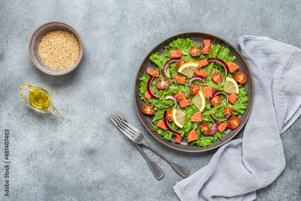 Salad with salmon, fresh vegetables and olive oil. Gray concrete grunge background. Top view, flat lay. Salad with salmon, fresh vegetables and olive oil. Gray concrete grunge background. Top view, flat lay.