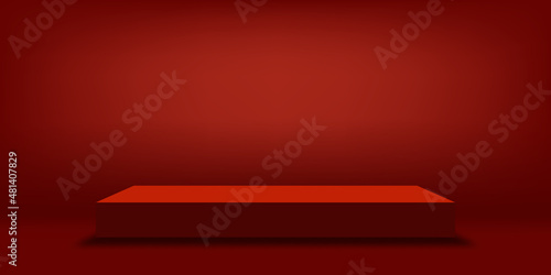 Studio room podium with red wall background, Vector illustration 3D Empty Gallery with stand display or shelf,Banner design for products presentation for Valentine,Christmas ,Chinese New Year backdrop © Anchalee
