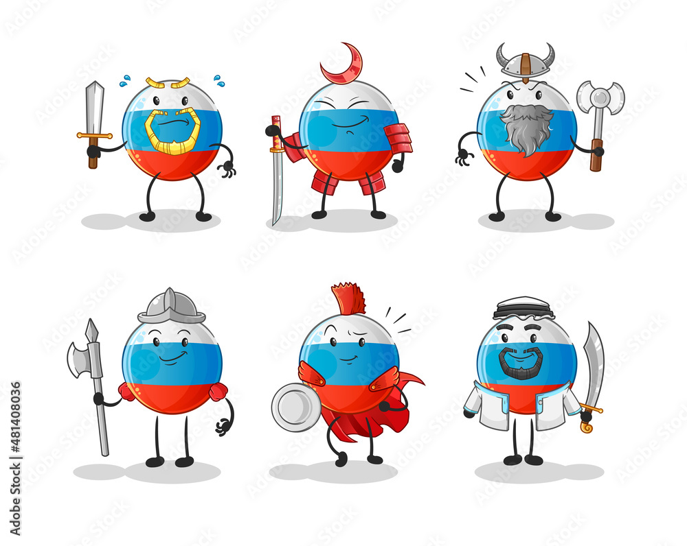 Fototapeta premium russia flag warrior group character. cartoon mascot vector