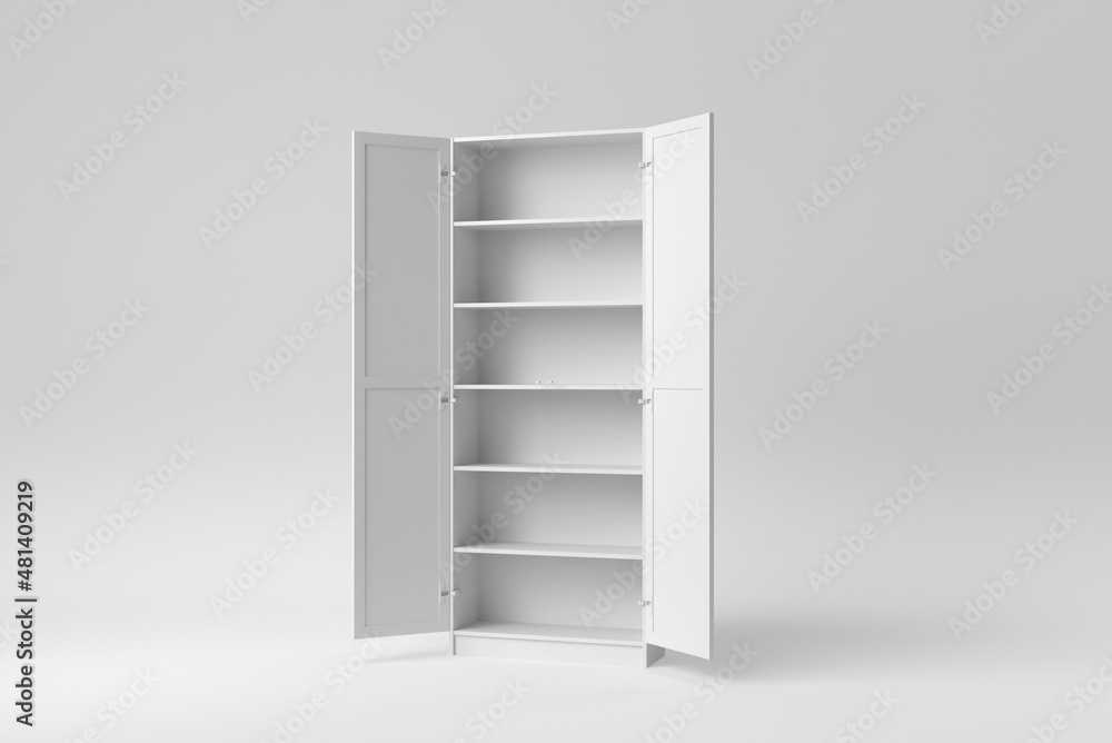 Empty open white wardrobe on white background. Design Template, Mock up. 3D render. Empty open white wardrobe on white background. Design Template, Mock up. 3D render.