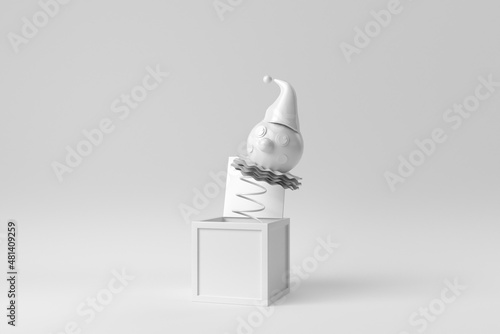 Jack in the Box toy on white background. Paper minimal concept. 3D render.