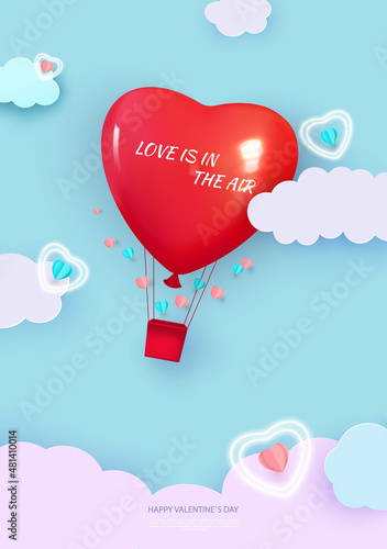Valentine s day background with heart shaped balloon flying through the clouds. Love is in the air. Romantic paper art in origami style. Vector
