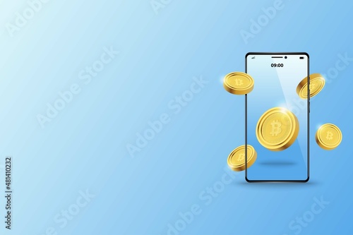 Concept of crypto on mobile, golden coins floating out of a smartphone in blue color shade background.