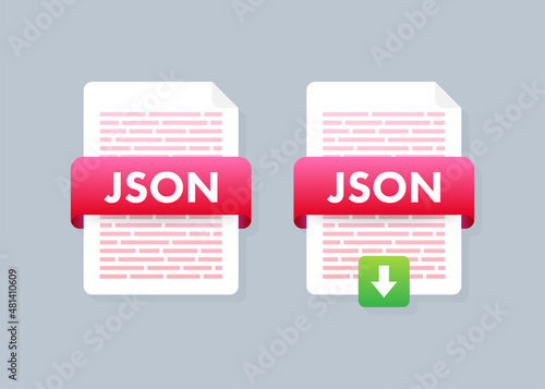 Download JSON button. Downloading document concept. File with JSON label and down arrow sign. Vector illustration.