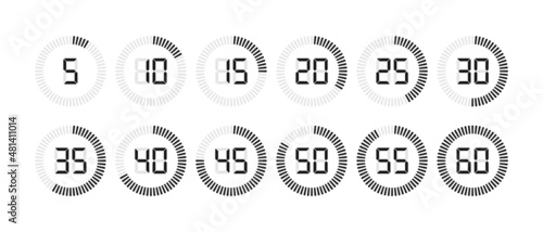 Timer and stopwatch icon set with digital numbers. Countdown timer or digital clock for time with second symbols. Vector photo
