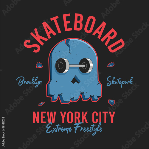 Skull skateboard design for t-shirt. New York, Brooklyn skatepark tee shirt print with skull and skate. Apparel drawn print on skateboarding theme. Vector illustration. photo