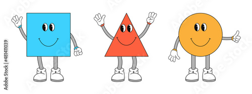 Geometric figures with face emotions, hands and legs. Different shapes with hand drawn faces and body parts. Cute funny characters for kids. Vector