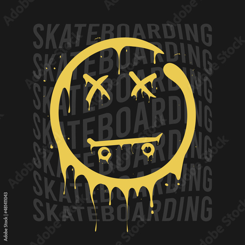 Skateboarding t-shirt design with smile that melts and dripping. Skateboard and smile print for tee shirt. Typography graphics for apparel on skate board theme. Vector illustration.