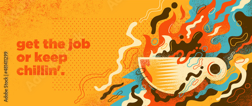 Abstract lifestyle banner design with cup of coffee and various colorful splashing shapes. Vector illustration.