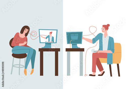 Psychological online services. Personal remote support at home by internet. Upset girl talking with female psychologist via computer screen. Individual helpful therapy session. Flat vector