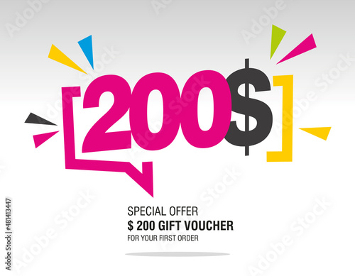 200$ internet website promotion sale offer big sale and super sale modern colorful coupon code dollar 200$ discount gift voucher coupon