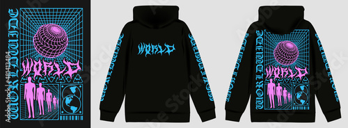 Modern poster with text "World". In Techno style, stylish print for streetwear, print for t-shirts and hoodies, isolated on black background