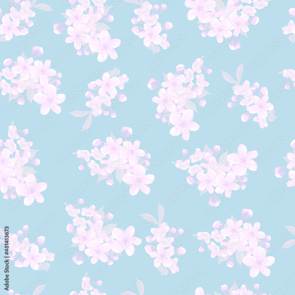 Seamless background pattern of branches light pink Japanese cherry flower on blue background in a random arrangement square format, spring motif for textiles. Sakura flowers texture, EPS 10 vector