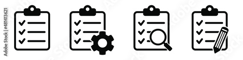 Clipboard icon. Checklist with gear, checkmarks, magnifier and pencil. Vector illustration.