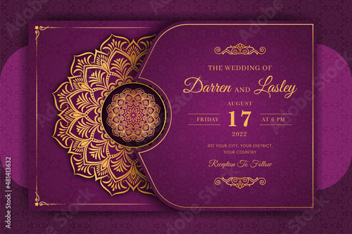 Luxury Mandala Wedding Invitation Card template with golden arabesque pattern Arabic Islamic east background style. Editable vector file. Decorative mandala for print, poster, cover, flyer, banner.  