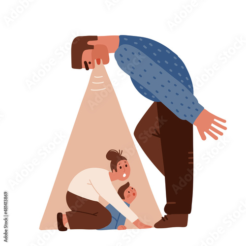 Distraught and furious husband yell and threaten mother and crying child. Mom protecting the child. Domestic violence, abusive relationships, harassment in family. Flat hand drawn vector illustration.