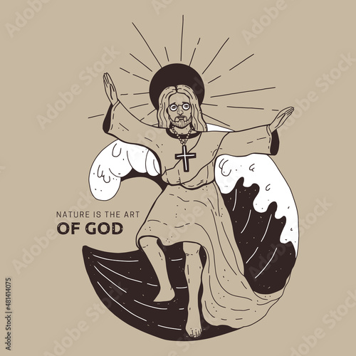 Jesus on the wave. Jesus Surfer. 