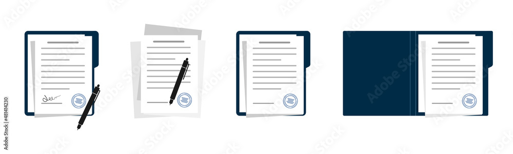 Document and pen. Folder with white leaf .Contract or document with text icon.Contract papers. Document, folder with stamp.Set of document case,paper case,notebook.Vector illustration. Document and pen. Folder with white leaf .Contract or document with text icon.Contract papers. Document, folder with stamp.Set of document case,paper case,notebook.Vector illustration.
