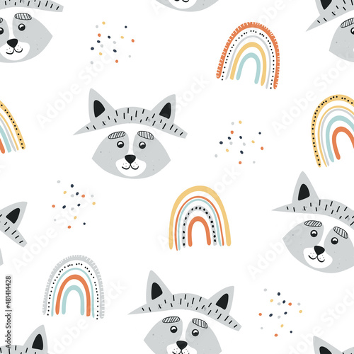 Raccoon and rainbows. Seamless pattern. Cute baby print. Vector illustration