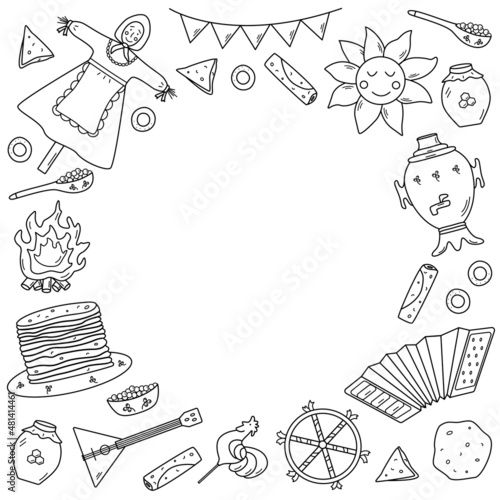 A set of doodle elements of pancake day. Vector illustration of icons of the traditional Russian holiday Maslenitsa. Sun, scarecrow, accordion balalaika, samovar,