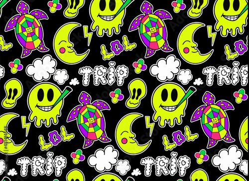 Psychedelic neon trip seamless pattern. Retro 70s groovy repeating texture. Cartoon funky flowers, rainbow, acid hippy style background. vector illustration