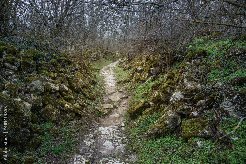 Trail with old stone ruins in the rock Cave city Chufut-Kale in Bakhchysarai, Crimea Trail with old stone ruins in the rock Cave city Chufut-Kale in Bakhchysarai, Crimea