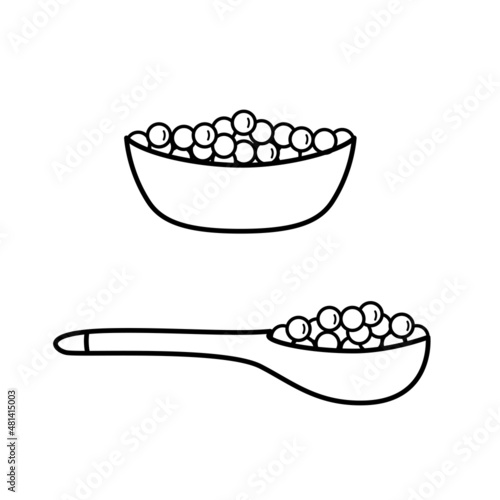 Delicacy salted red or black salmon caviar. Vector doodle illustration of sea fish caviar in a wooden spoon and plate.