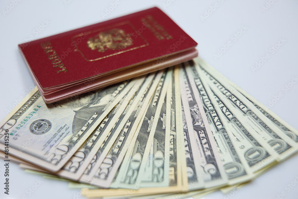 Russian passport, dollar bills Travel concept Russian passport, dollar bills Travel concept