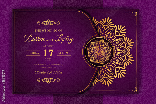 Luxury Mandala Wedding Invitation Card template with golden arabesque pattern Arabic Islamic east background style. Editable vector file. Decorative mandala for print, poster, cover, flyer, banner.  