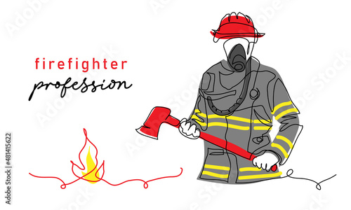 Firefighter with ax in red helmet and uniform. One continuous line art drawing vector illustration of firefighter