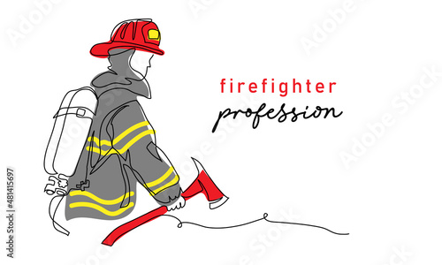 Canvas Print Fireman with ax in red helmet and uniform