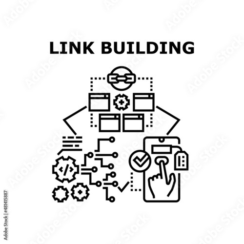Link building seo website. digital marketing. backlink strategy. search page. inbound media communication vector concept black illustration