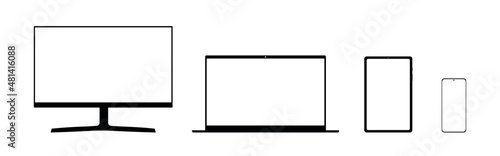 Realistic mockups devices on an isolated background. Vector set of phone, tablet, laptop and computer. Vector illustration.