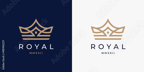 Royal crown logo. Luxury brand line icon. Premium boutique jewelry symbol. Elegant fashion design emblem. Vector illustration.